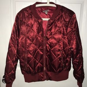 Red Shiny Quilted Bomber Jacket